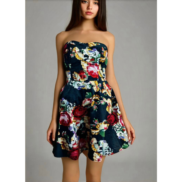 Windsor Women's Floral Print Strapless Dress Size M Black Multi-color Babydoll - Picture 1 of 14